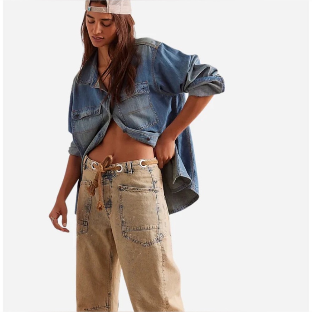 WE THE FREE Moxie Pull-On Barrel Jeans in Cowboy Khaki Sz 24 or 25 - runs big